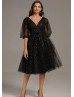 Elbow Sleeves Black Starry Tulle Cinched Waist Party Dress